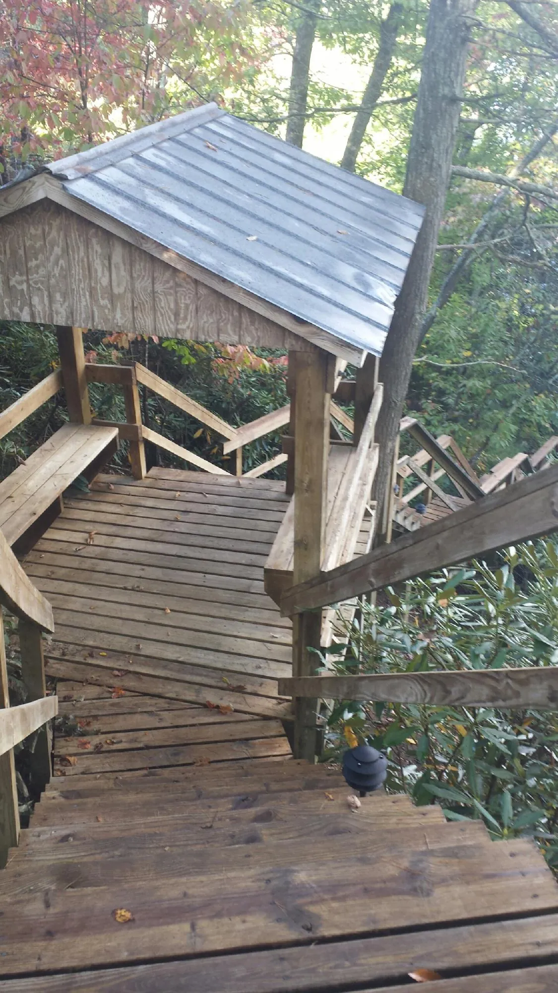 Metal roofed shelter over wooden steps on a wooded walkway — Skylight Repair & Installation work by our crew in Miramar Beach